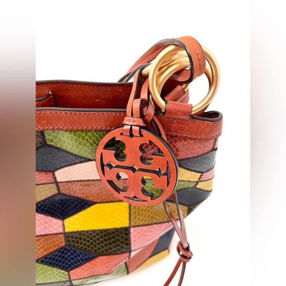 TORY BURCH || Farrah Leather Snakeskin Patchwork Multicolored Shoulder Bag - Picture 5 of 12